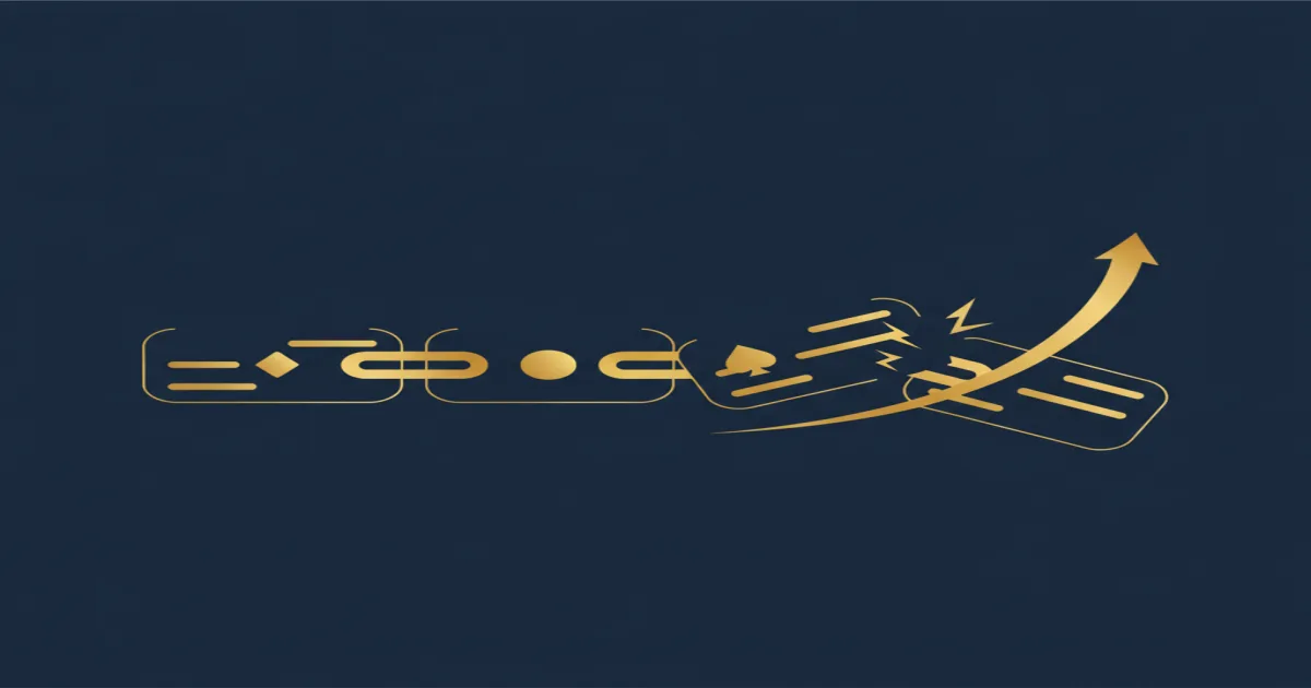 Professional editorial illustration showing four bet-slip cards joined in a chain, one link broken, beside a rising multiplier curve, in a flat navy and gold style with no text. Editorial illustration of four linked bet-slip legs forming a chain, with one broken link