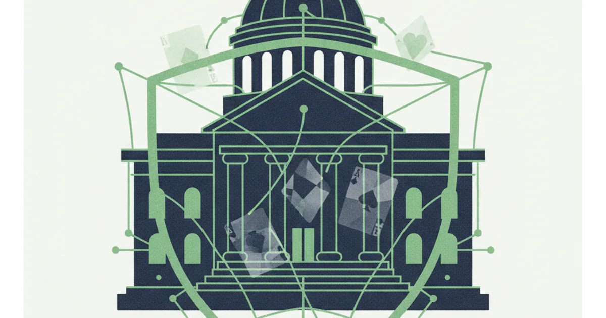 A professional editorial illustration showing an Australian online gambling compliance network, a courthouse silhouette, a protective shield, and subtle poker motifs. Editorial illustration of Australian online gambling enforcement with a court and compliance shield