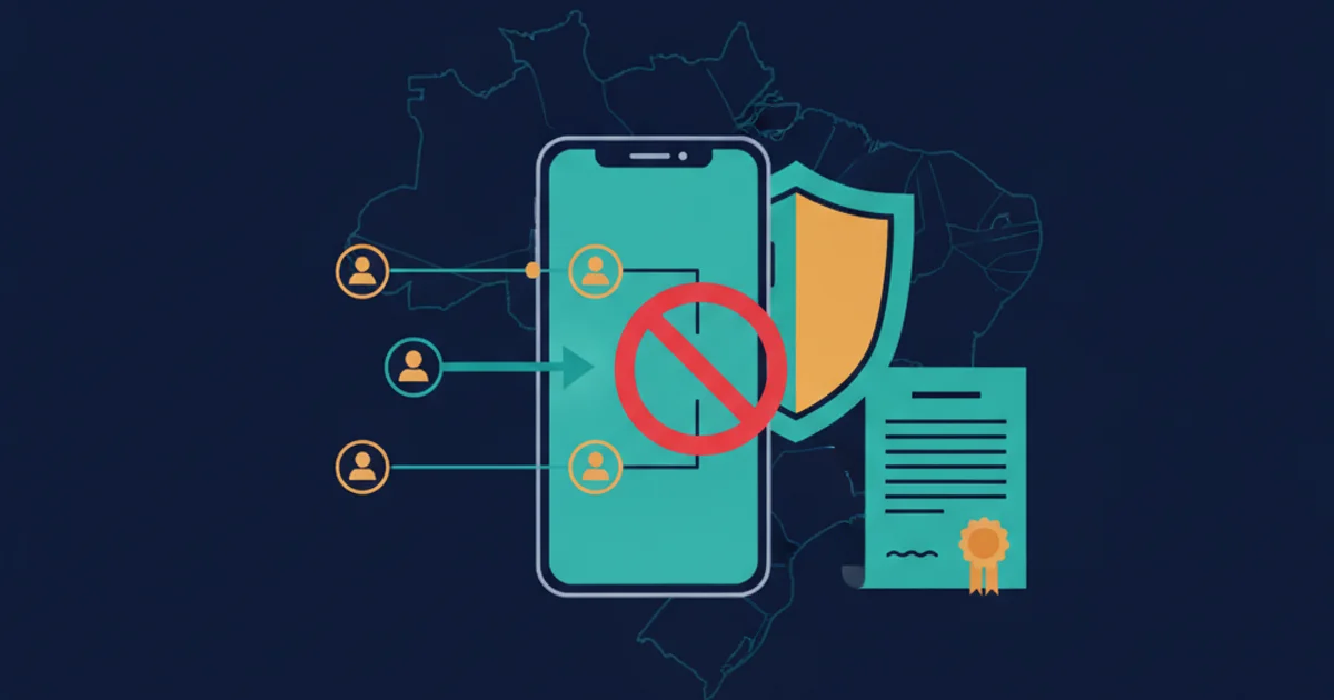 Professional editorial illustration showing a generic digital payment, bank shield, blocked transaction symbol, linked accounts and a subtle Brazil map in dark navy, teal and amber without people, logos or readable text. Editorial illustration of a blocked digital payment beside a bank shield and a map of Brazil