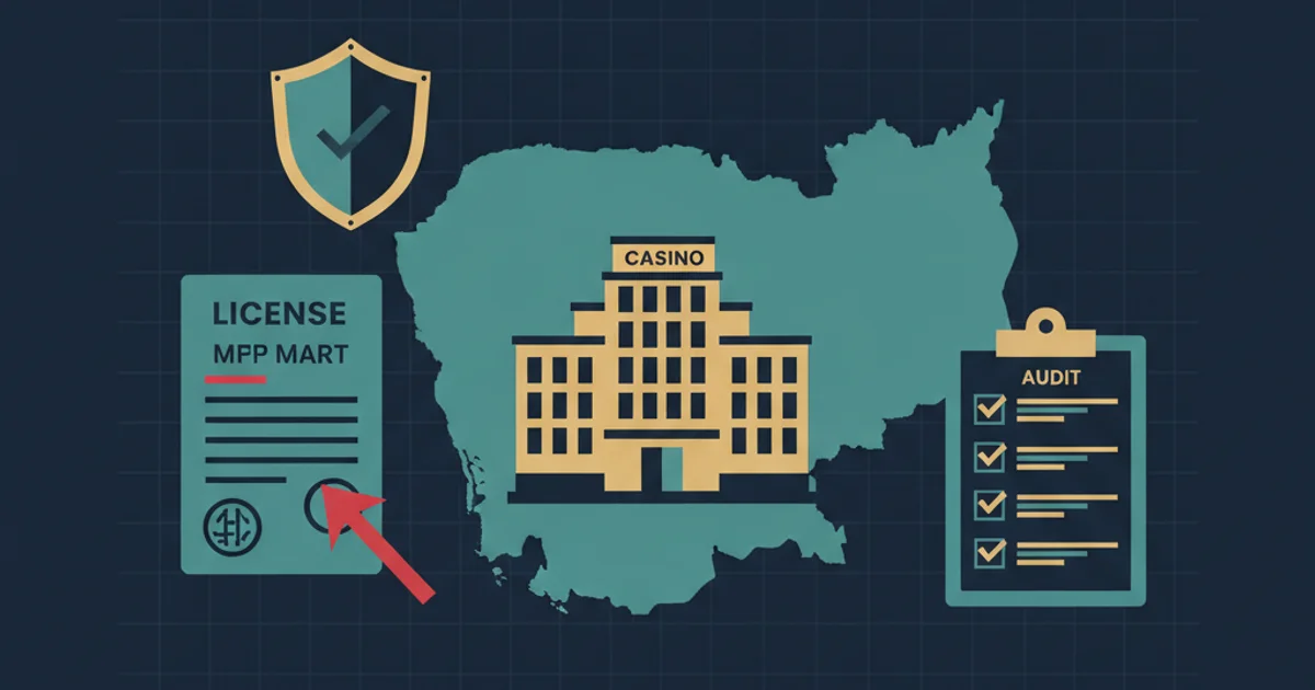Professional editorial illustration showing a stylised Cambodia outline, generic casino building, licence document, integrity shield and audit checklist in dark navy, teal, gold and restrained red without logos or readable text. Editorial illustration of Cambodia, a casino licence document, an integrity shield and an audit checklist