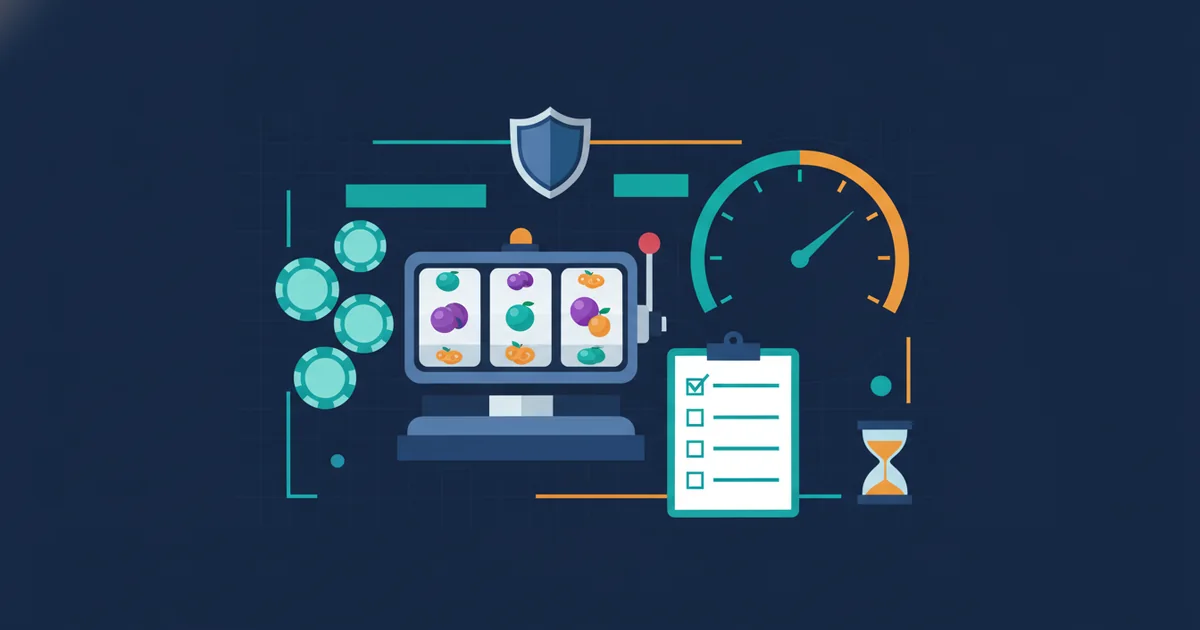 Professional editorial illustration showing a generic slot reel, bonus tokens, checklist, 10x wagering gauge and licence shield in dark navy, teal and amber without people, logos, brand names or readable text. Editorial illustration of UK casino free spins beside a bonus checklist, wagering gauge and licence shield