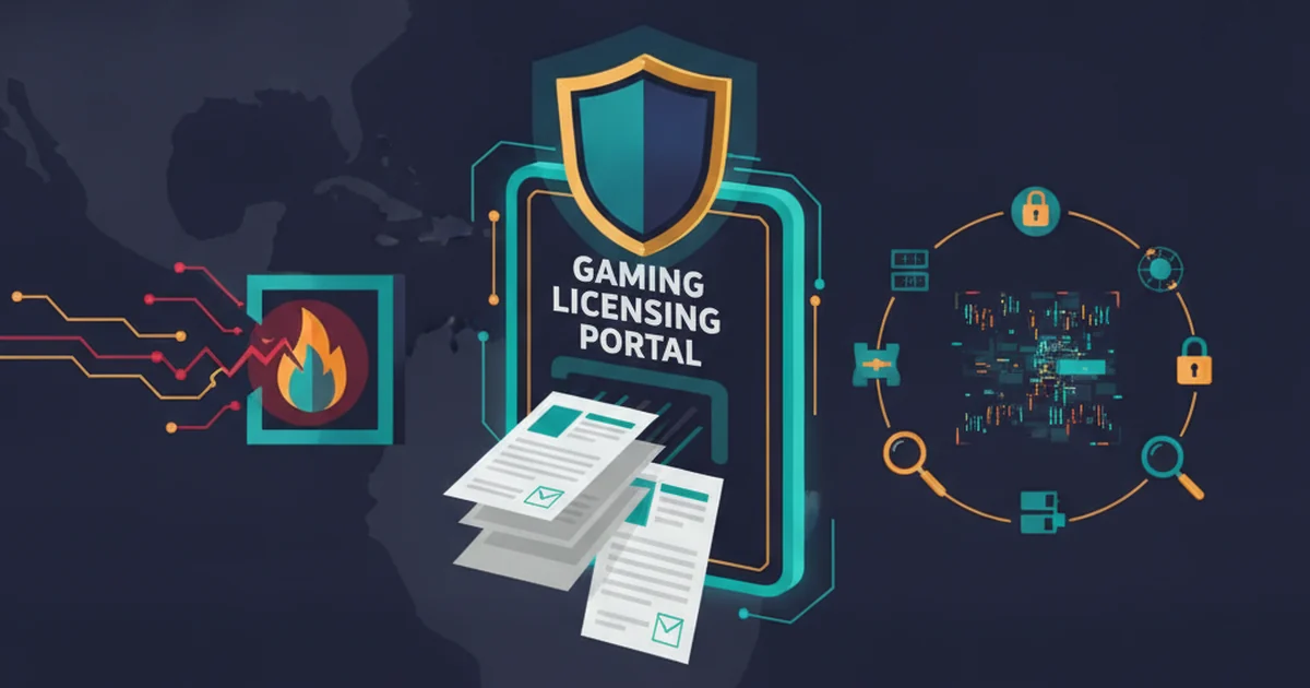 Professional editorial illustration showing a digital licensing portal, regulatory shield, application documents, blocked unauthorised access path and forensic inspection symbols in dark navy, teal and amber without people, logos or readable text. Editorial illustration of a secured gaming licensing portal blocking an unauthorised account while a forensic review examines application records