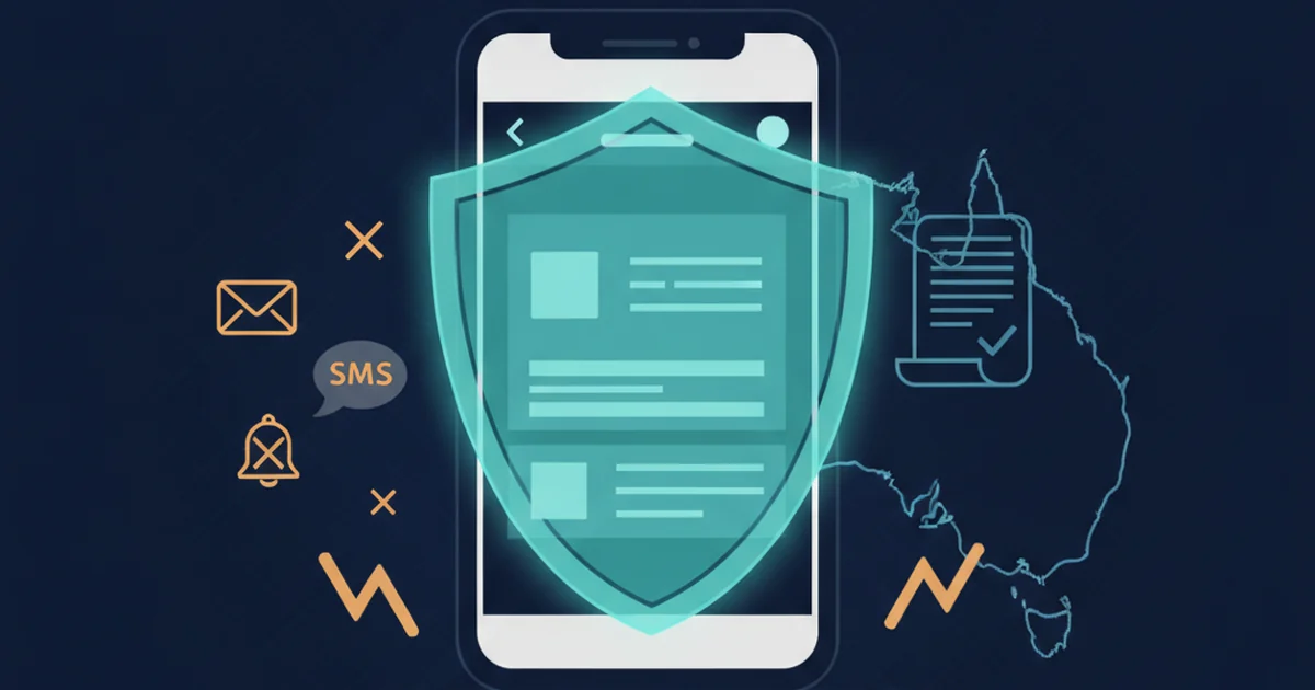 Professional editorial illustration showing a generic mobile wagering account behind a protective shield, blocked message symbols and a subtle Australian map in dark navy, teal and amber without people, logos or readable text. Editorial illustration of a protected wagering account, blocked marketing messages and an Australian map