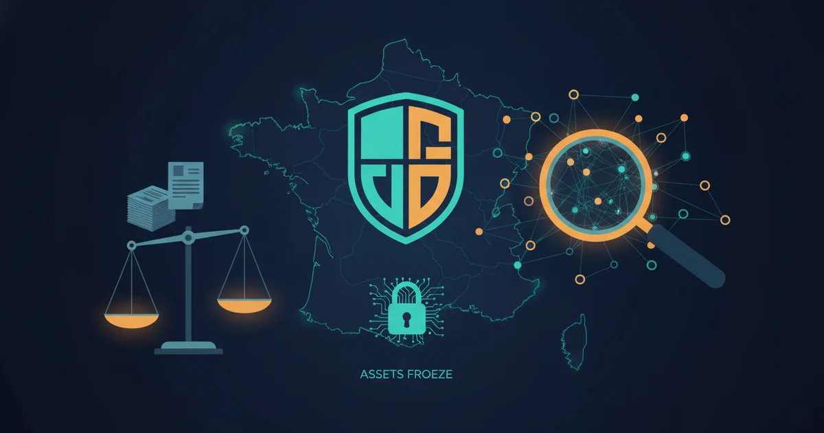 Professional editorial illustration showing a regulatory shield, locked digital account, transaction review, compliance document, legal scales and a subtle France silhouette in dark navy, teal and amber without people, logos or readable text. Editorial illustration of French gambling anti-money-laundering controls with a shield, locked account and transaction review