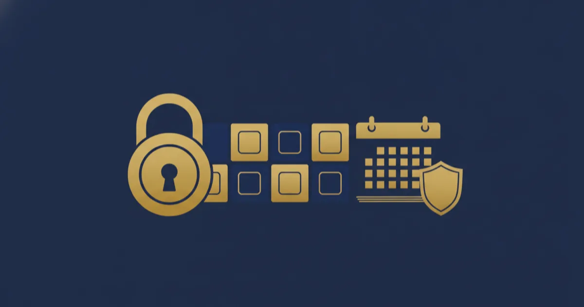 Professional editorial illustration showing a large padlock closing across a row of blank app tiles, next to a calendar page and a small shield, in a flat navy and gold style with no text. Editorial illustration of a padlock closing over a row of gambling app icons with a calendar beside it