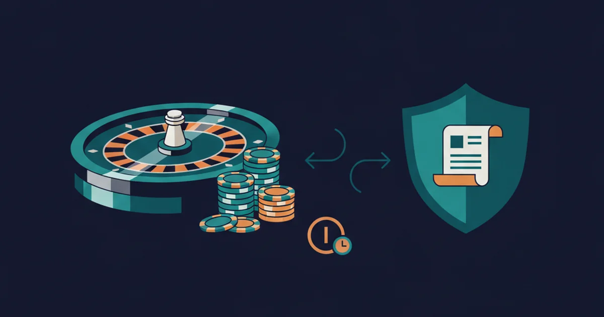 Professional editorial illustration showing a generic casino table and chips beside a regulatory compliance document, shield, anti-money-laundering flow and safer-gambling pause symbol in dark navy, teal and amber without people, logos, brand names or readable text. Editorial illustration of a land-based casino table beside a compliance document, regulatory shield and safer-gambling symbol
