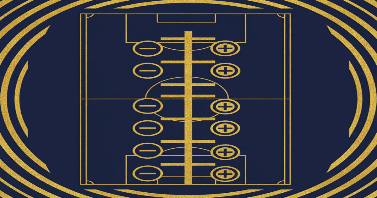 Professional editorial illustration showing a top-down football pitch, a vertical ladder of goal-difference steps and plus and minus tokens on each side, in a flat navy and gold style with no text. Editorial illustration of a football pitch with a goal-difference ladder and plus and minus markers on either side