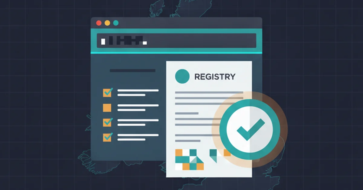 Professional editorial illustration showing a generic casino webpage, domain field, licence register, verification shield and document checklist in dark navy, teal and amber without people, logos, brand names or readable text. Editorial illustration of a British online casino domain being checked against an official licence register
