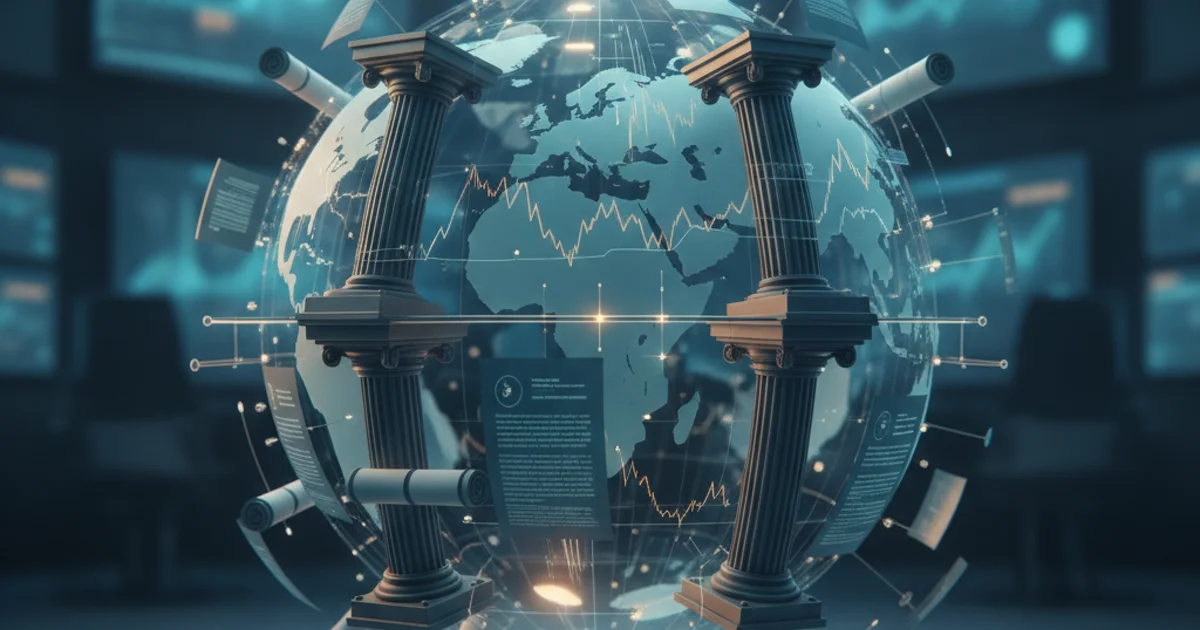 Editorial illustration of a connected globe framed by regulatory columns, market charts and international industry signals. Global regulatory and market signals surrounding iGaming