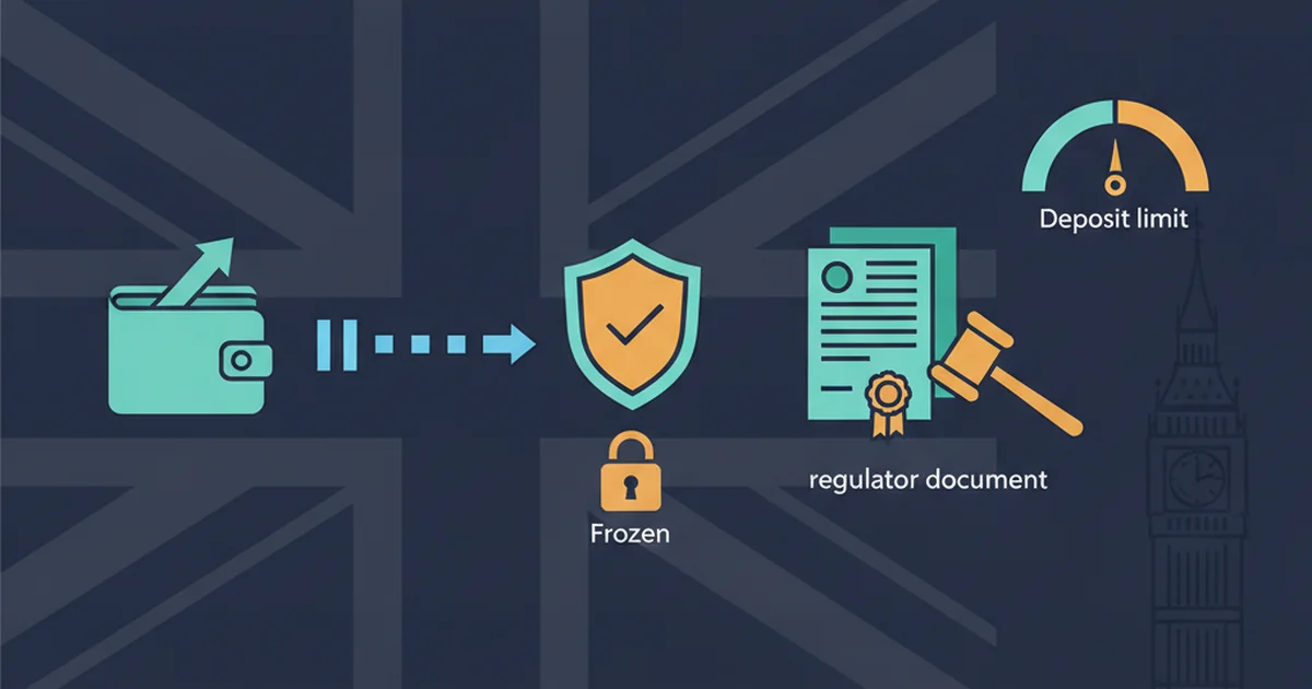 Professional editorial illustration showing a generic casino wallet withdrawal path, verification shield, regulator document, gavel and deposit-limit gauge in dark navy, teal and amber without people, logos, brand names or readable text. Editorial illustration of a UK casino withdrawal paused for verification beside a regulatory settlement document