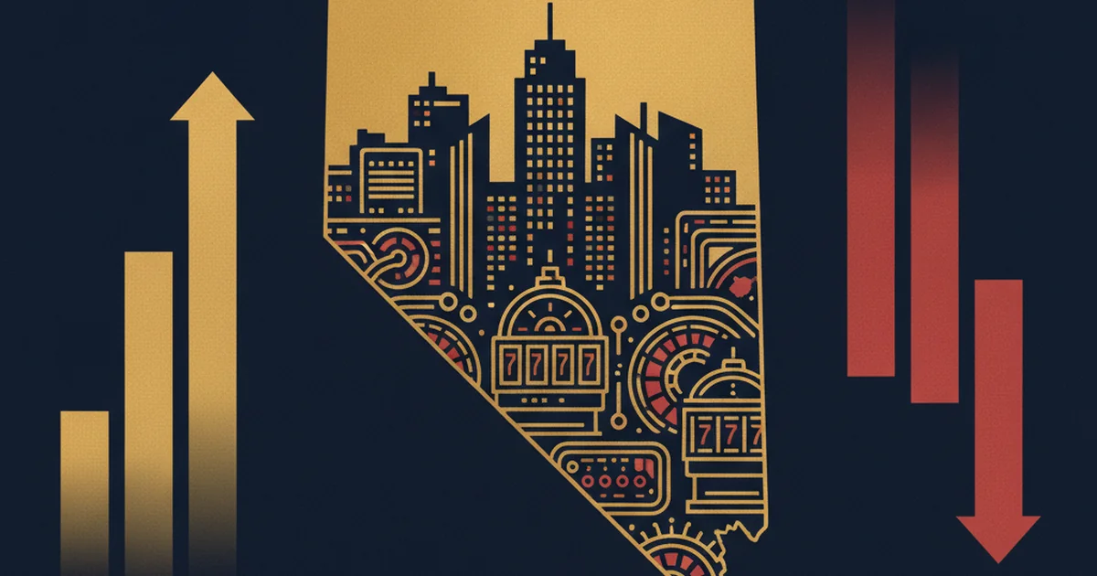 Professional editorial illustration showing Nevada’s outline, an abstract casino skyline, gaming motifs and mixed regional performance bars in navy, gold and desert-red tones without logos or readable text. Editorial illustration of Nevada casino gaming revenue with a state outline, casino skyline and mixed performance bars