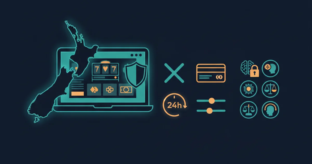 Professional editorial illustration showing a stylised New Zealand map, generic online casino interface, regulatory shield, cooling-off clock, blocked credit card and player-protection controls in dark navy, teal and amber. Editorial illustration of New Zealand online casino controls including limits, a cooling-off clock and a regulatory shield