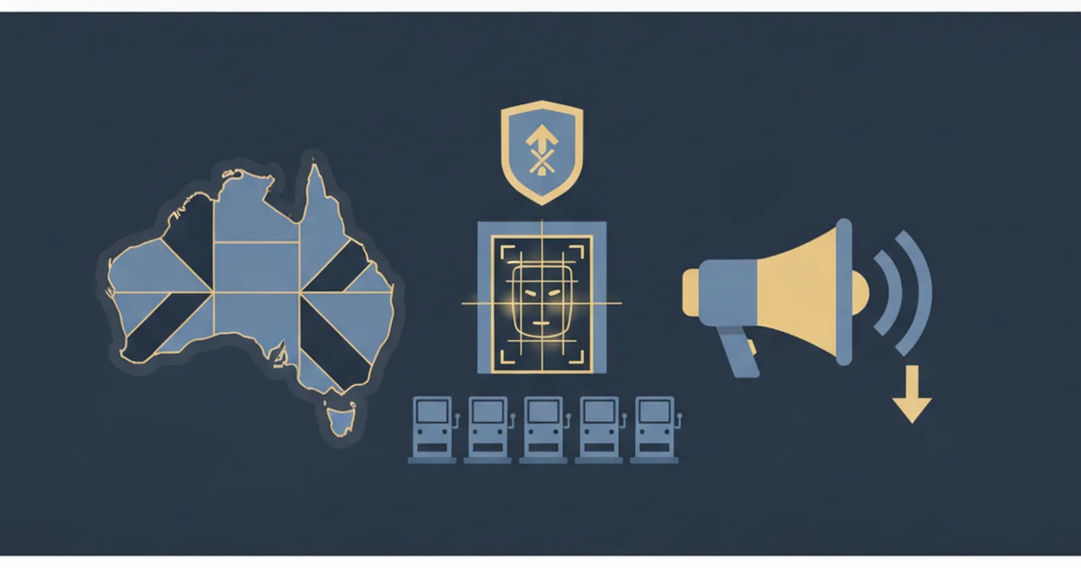 Professional editorial illustration showing a New South Wales outline, protected gaming-room entrance, self-exclusion shield, reduced gaming-machine row and restricted advertising symbol without logos or readable text. Editorial illustration of New South Wales gambling reform with self-exclusion, gaming-room safeguards and advertising controls