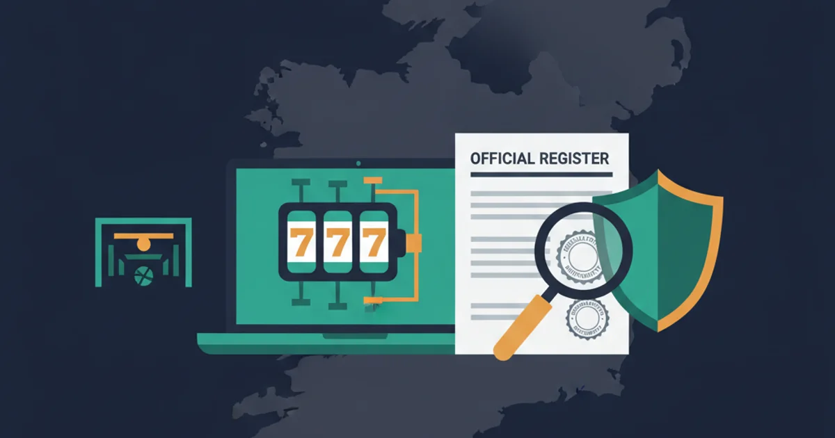 Professional editorial illustration showing a generic casino screen, Ireland map silhouette, official-register document, magnifying glass and protective shield in dark navy, teal, amber and green without people, logos, brand names or readable text. Editorial illustration of an Irish online casino screen being checked against a separate licence register