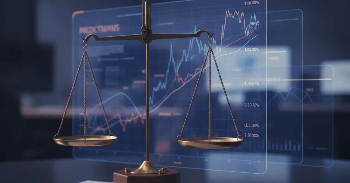 Editorial illustration of prediction-market regulation using legal scales, event-market charts and changing market boundaries. Regulatory boundary markers around sports event contracts