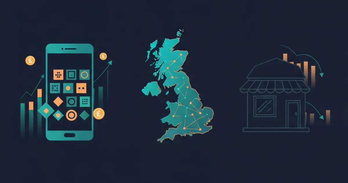 Professional editorial illustration showing a generic mobile gambling interface, abstract data motifs, a British map silhouette and a receding high-street storefront in dark navy, teal and amber without people, logos or readable text. Editorial illustration of online gambling growth, a British map and a receding high-street betting shop