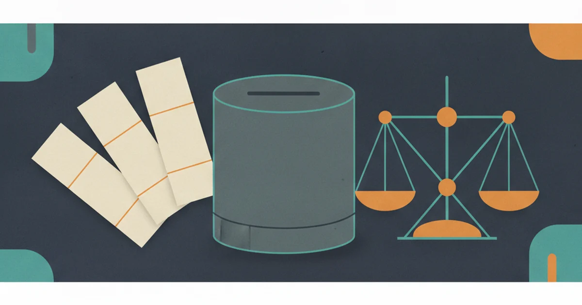 Professional editorial illustration showing a generic sealed ballot box, blank betting slips and balanced legal scales in dark navy, teal and amber without people, logos or readable text. Editorial illustration of a sealed ballot box beside betting slips and a legal scale