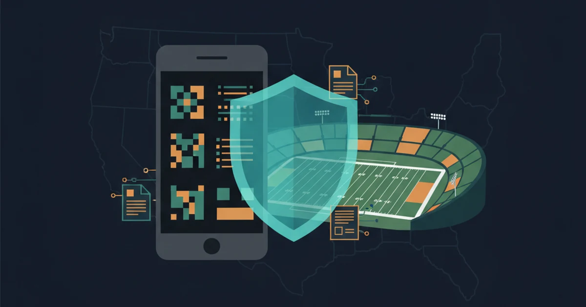Professional editorial illustration showing a generic blocked mobile wagering interface, protective shield, sports venue and evidence-report symbols in dark navy, teal and amber without people, logos or readable text. Editorial illustration of a blocked betting account protected from a generic sports stadium by a shield