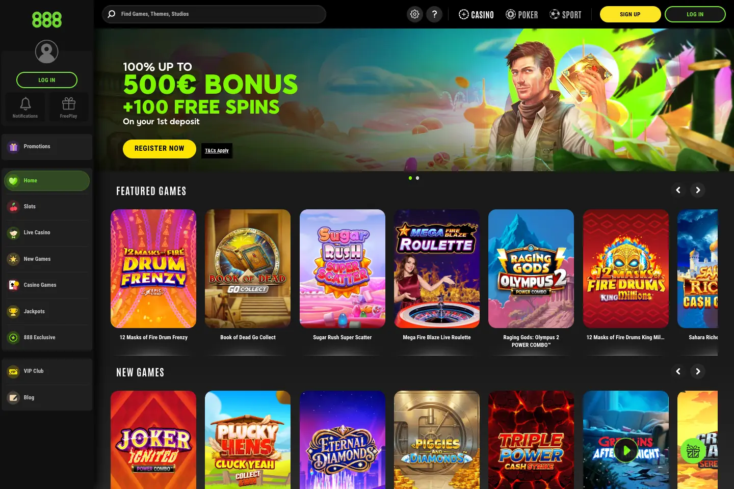 888casino homepage showing the welcome offer and featured casino games