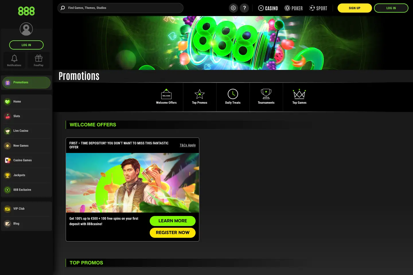 888casino promotions page showing its welcome offers and promotion categories