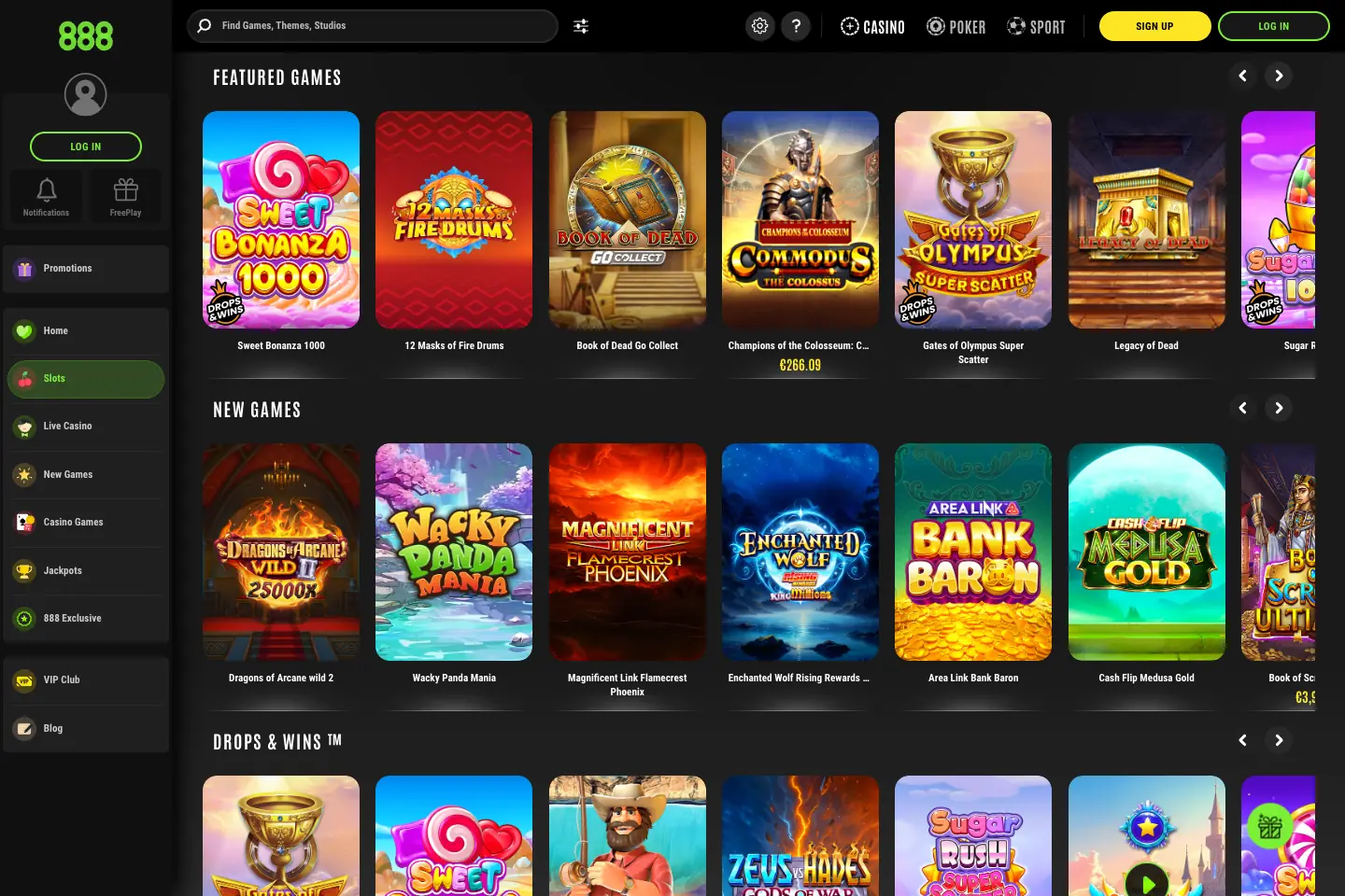 888casino slots lobby showing featured and newly added slot games