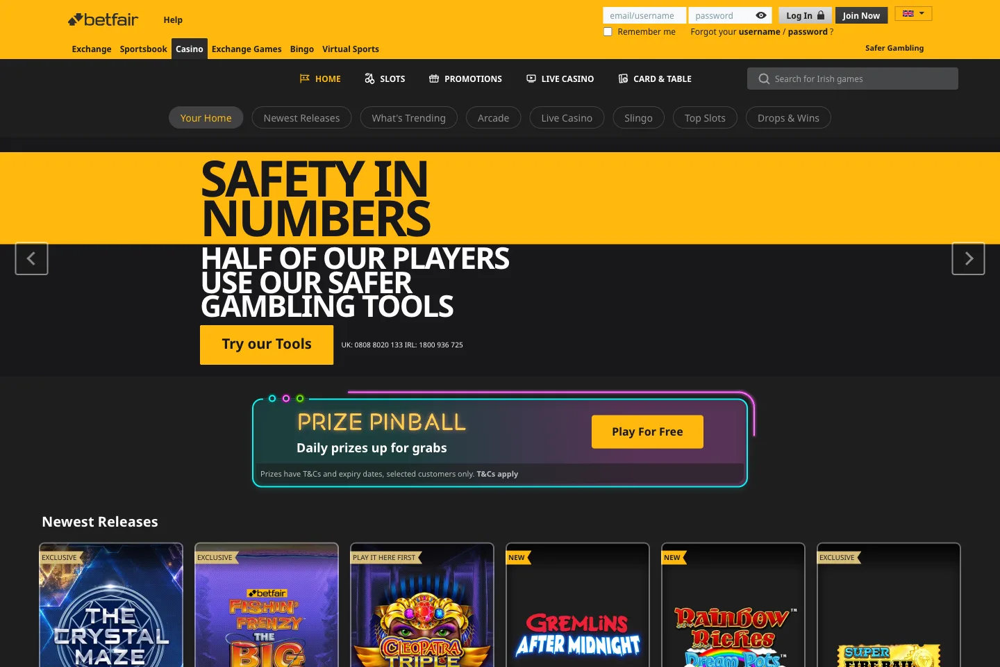 Betfair casino lobby captured from the public website