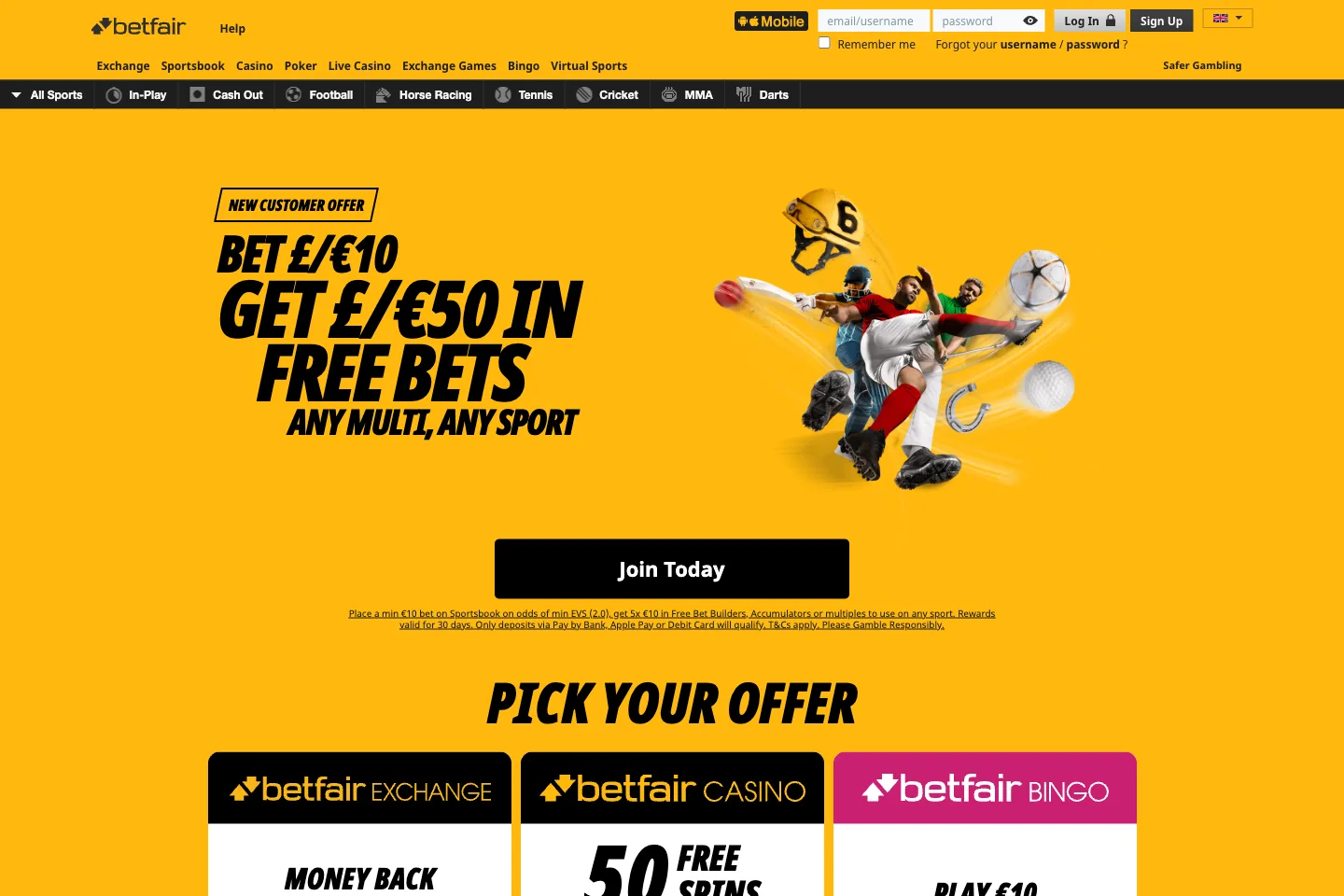 Betfair homepage captured from the public website