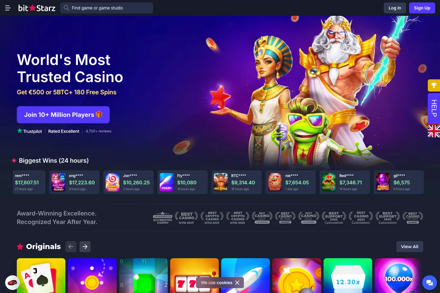 BitStarz homepage captured from the public website