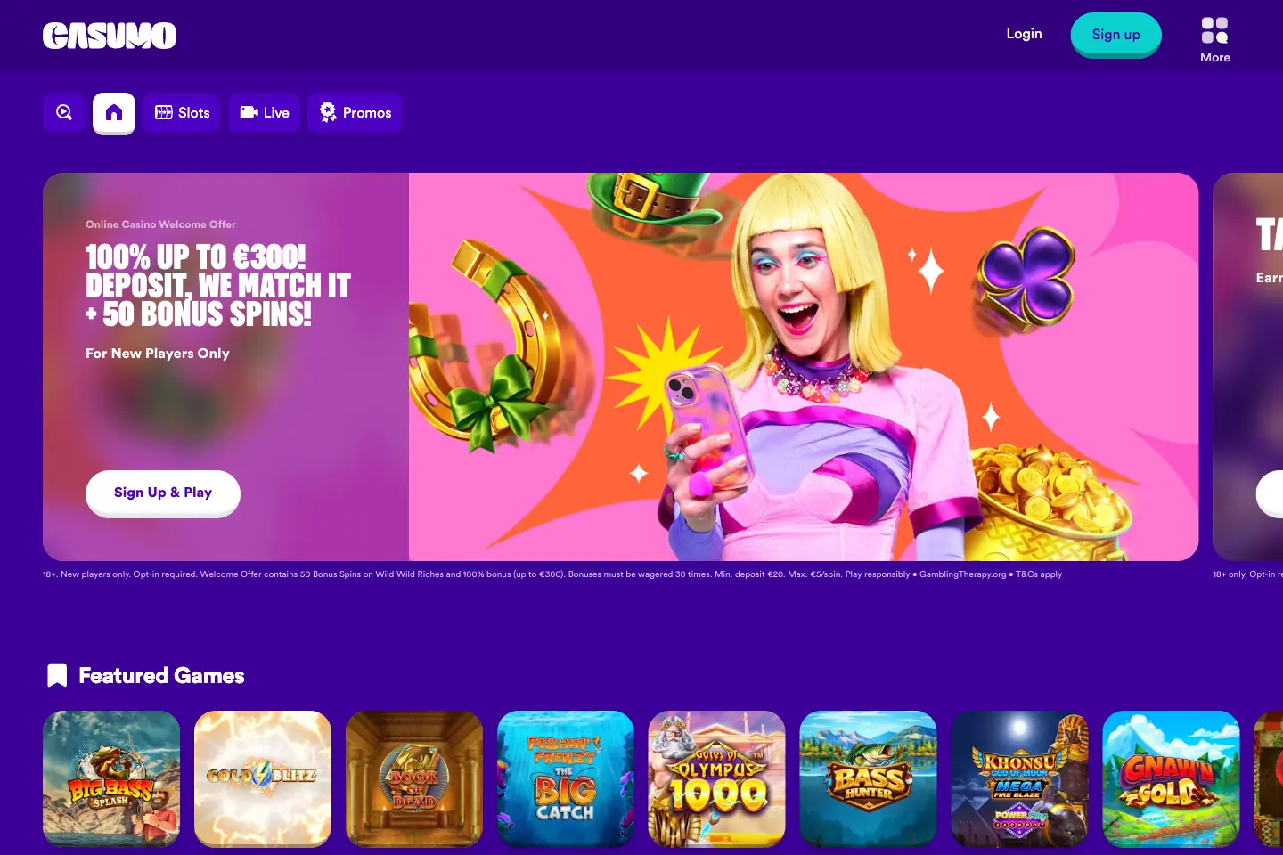 Casumo homepage showing the casino welcome offer and featured games