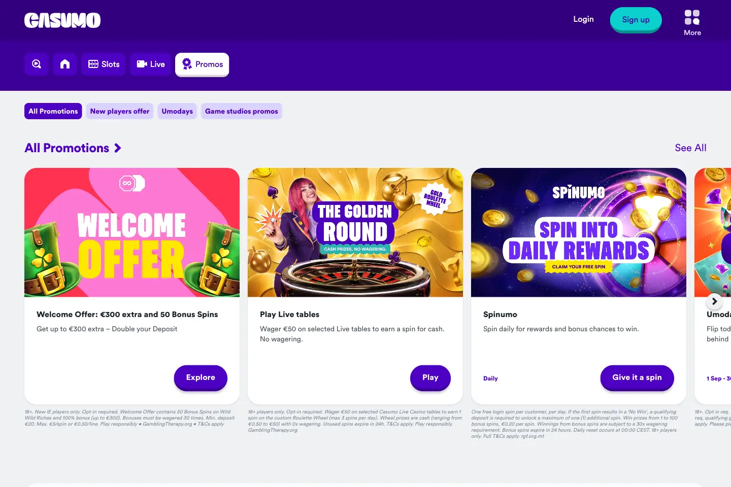 Casumo promotions page showing welcome and live casino offers