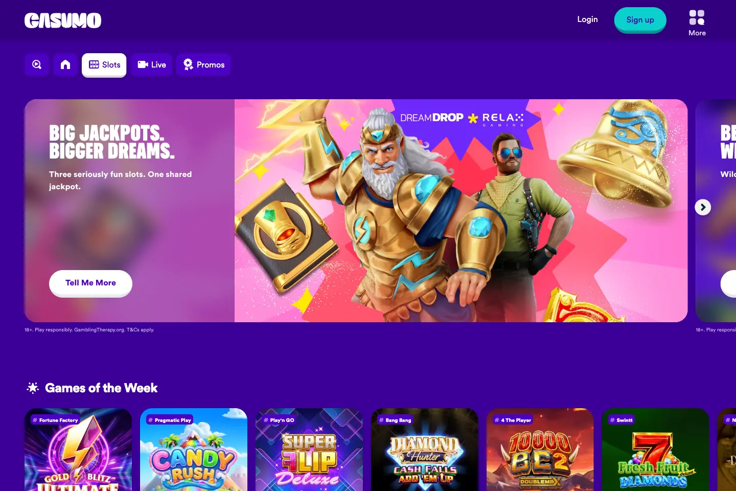 Casumo slots page showing jackpot promotions and games of the week