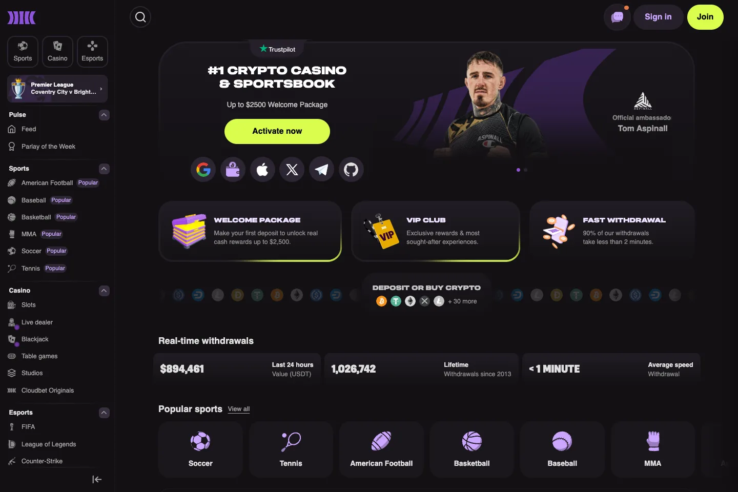 Cloudbet homepage captured from the public website