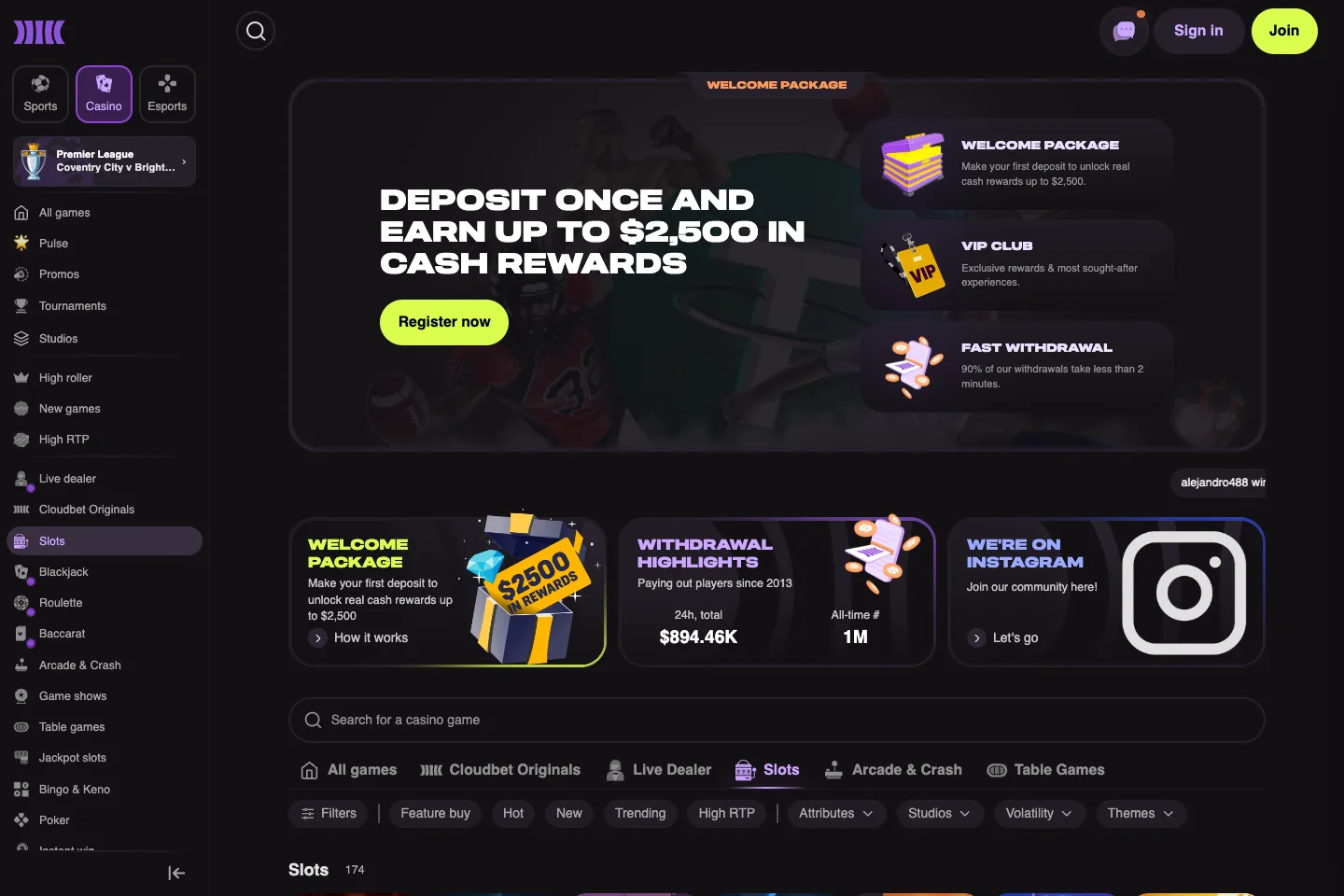 Cloudbet slots lobby captured from the public website