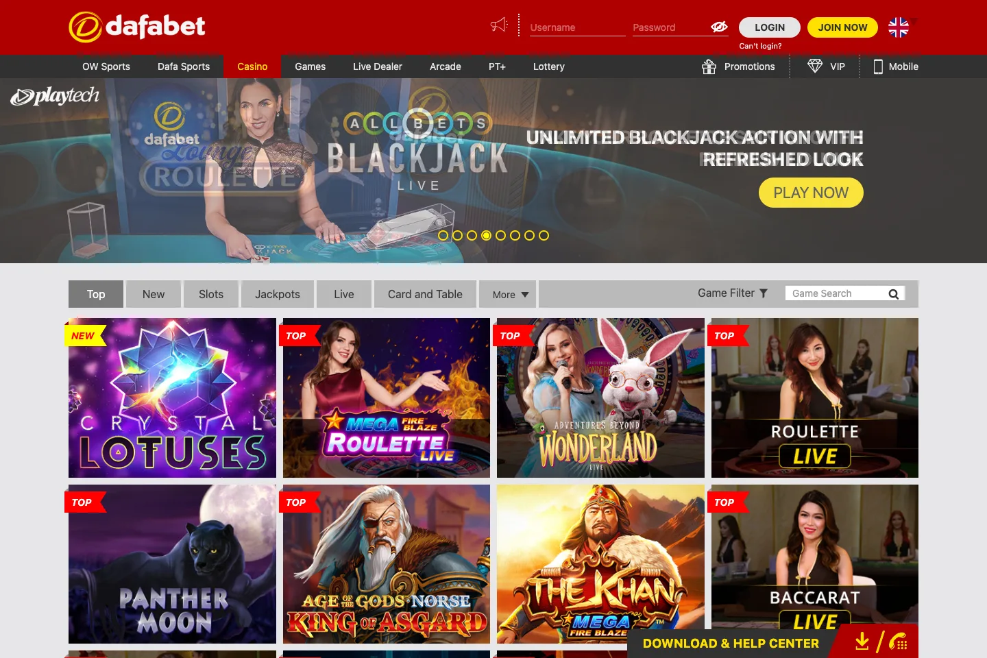 Dafabet casino lobby captured from the public website