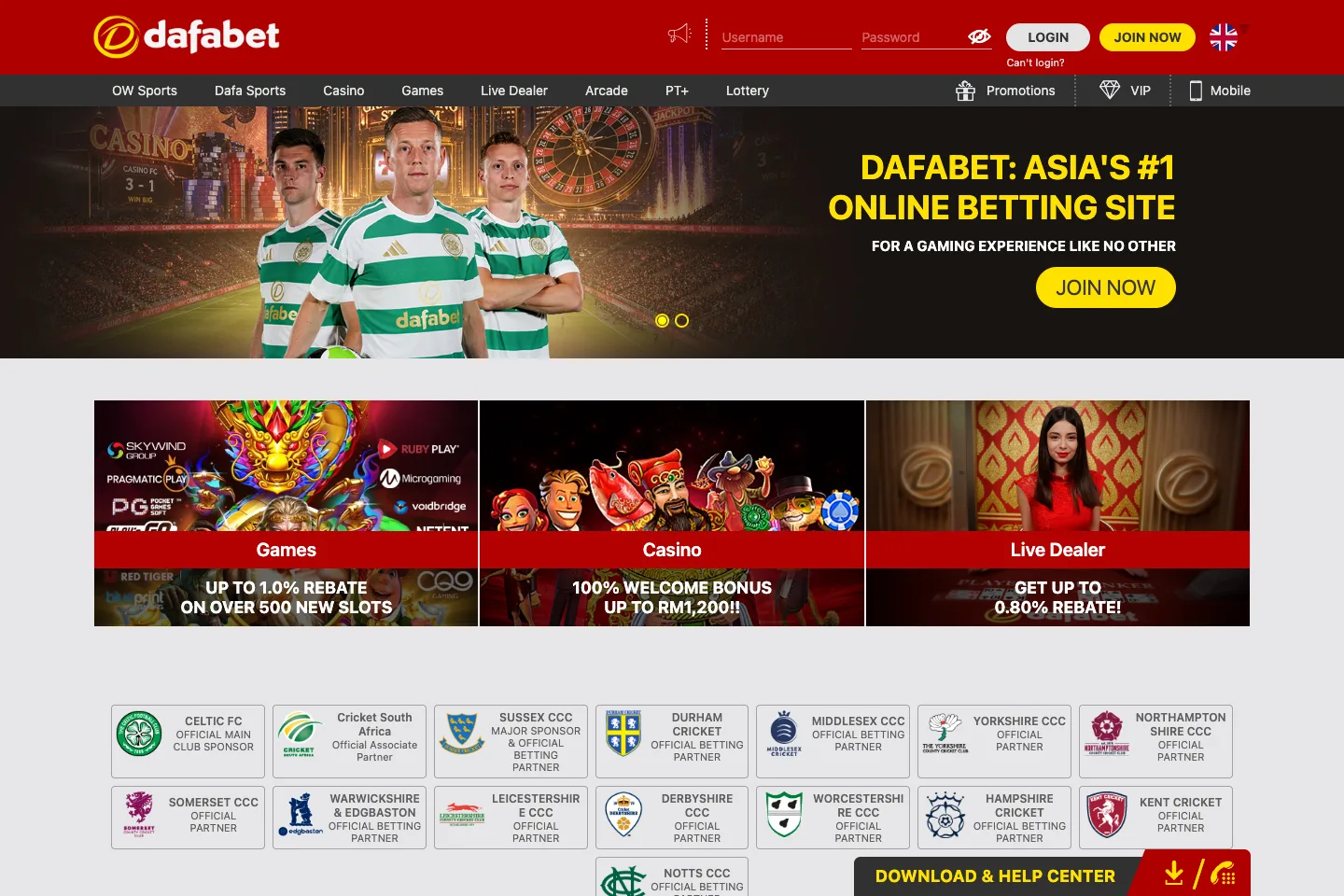 Dafabet homepage captured from the public website