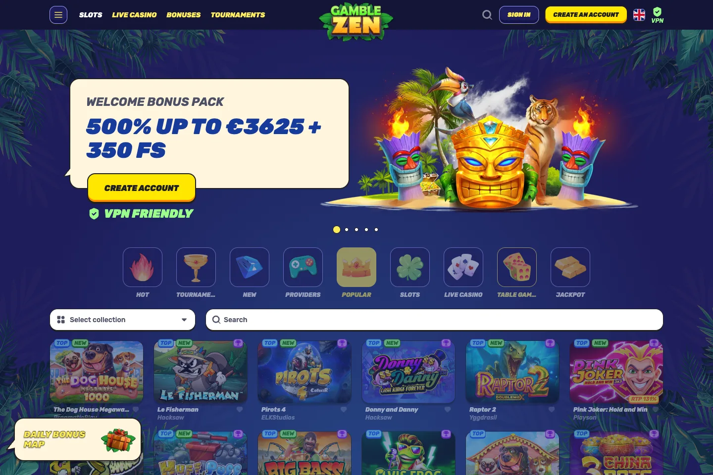 Gamblezen slots lobby captured from the public website