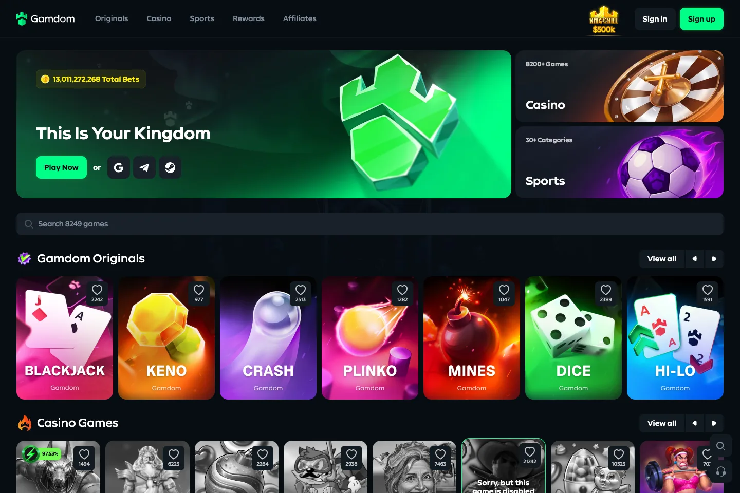 Gamdom homepage captured from the public website