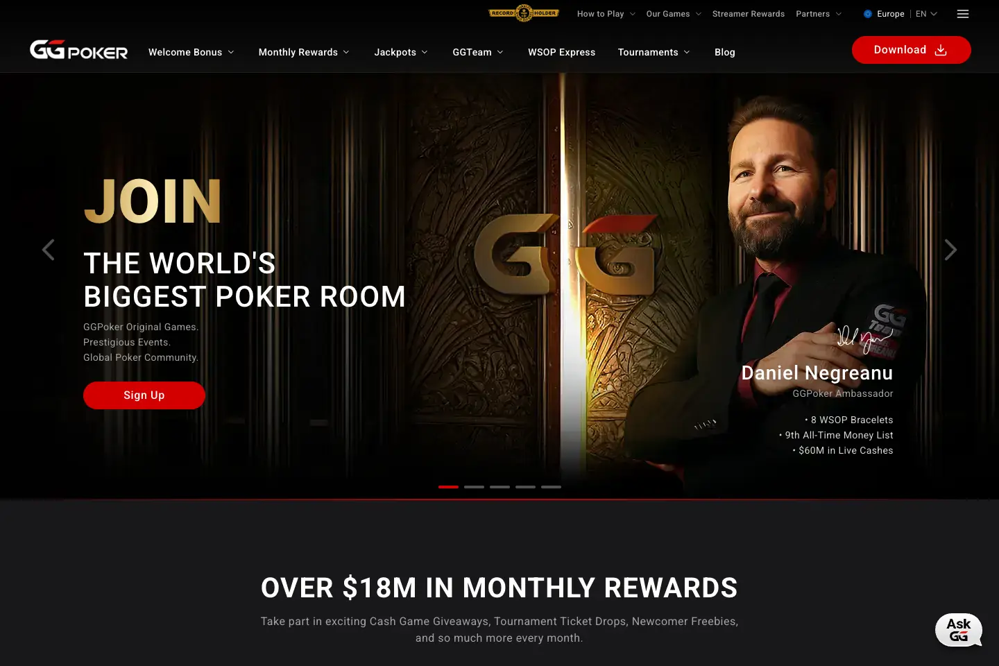 GGPoker homepage showing its poker room navigation and featured campaign