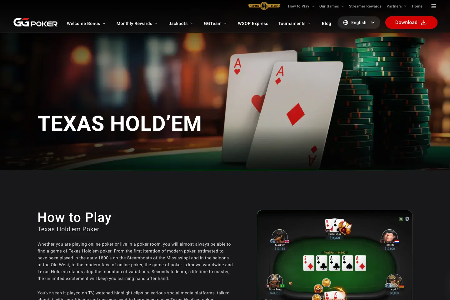 GGPoker Texas Holdem page showing poker tables and how-to-play information