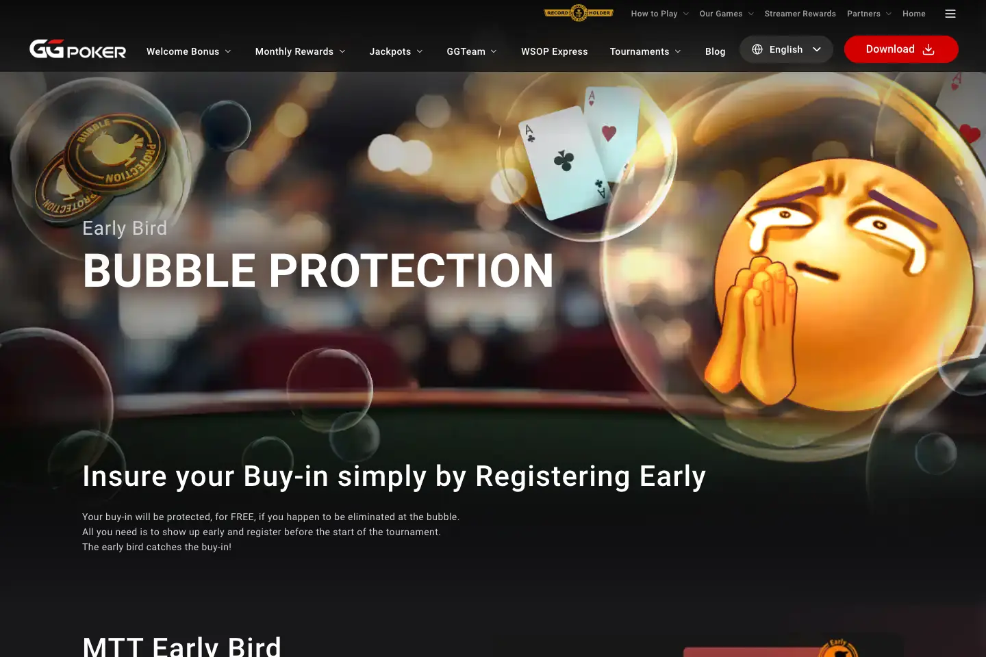 GGPoker promotion page showing the Bubble Protection poker offer