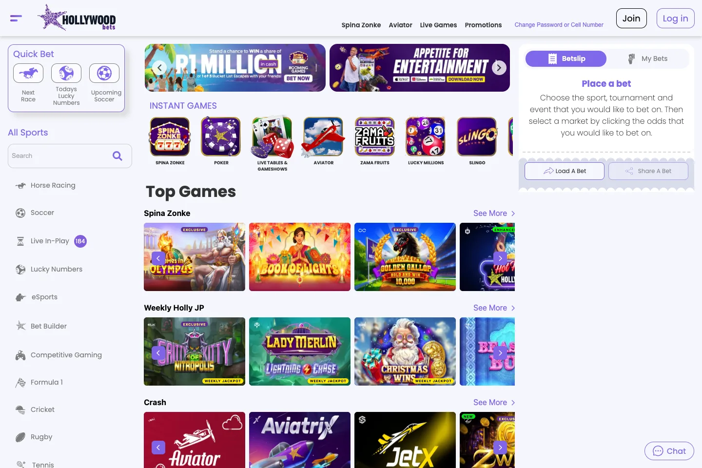 Hollywoodbets homepage captured from the public website