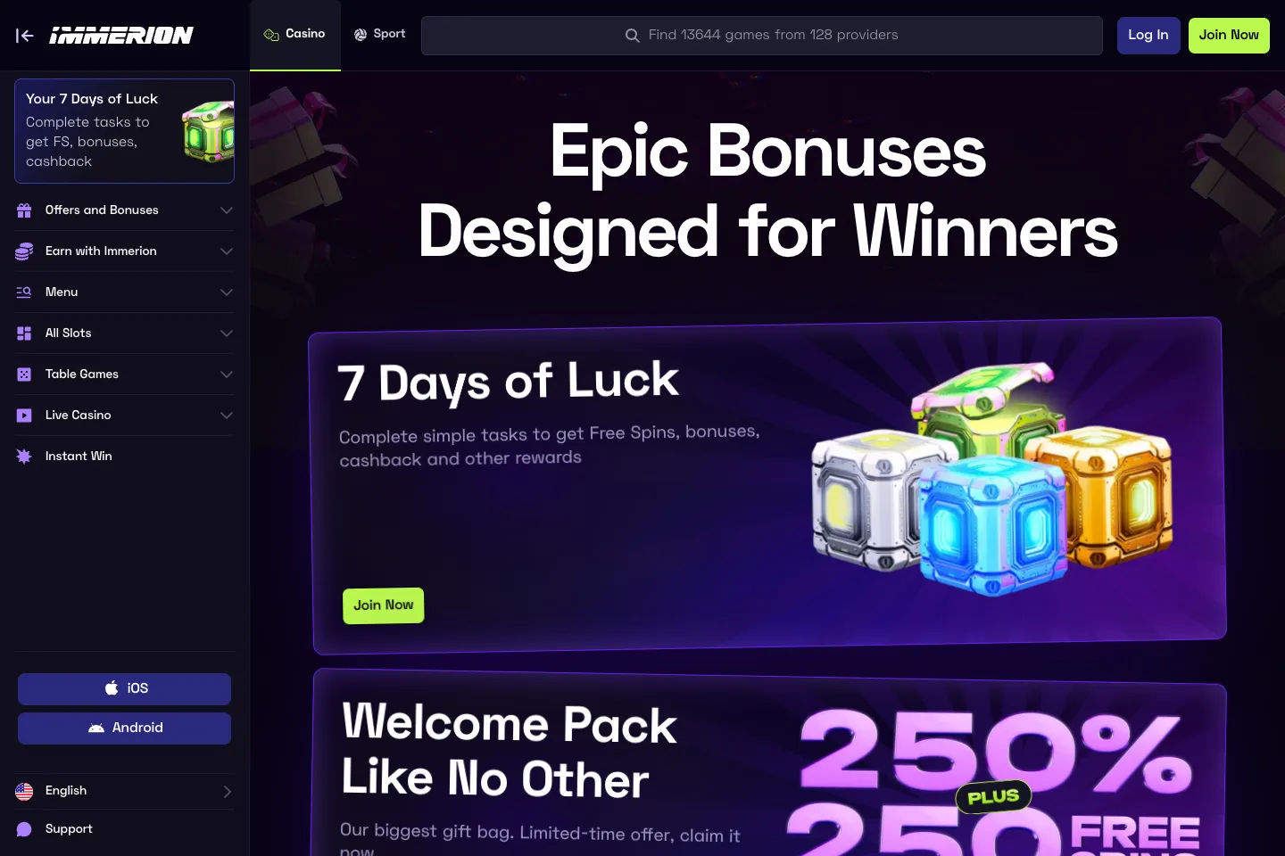 Immerion bonuses and promotions captured from the public website