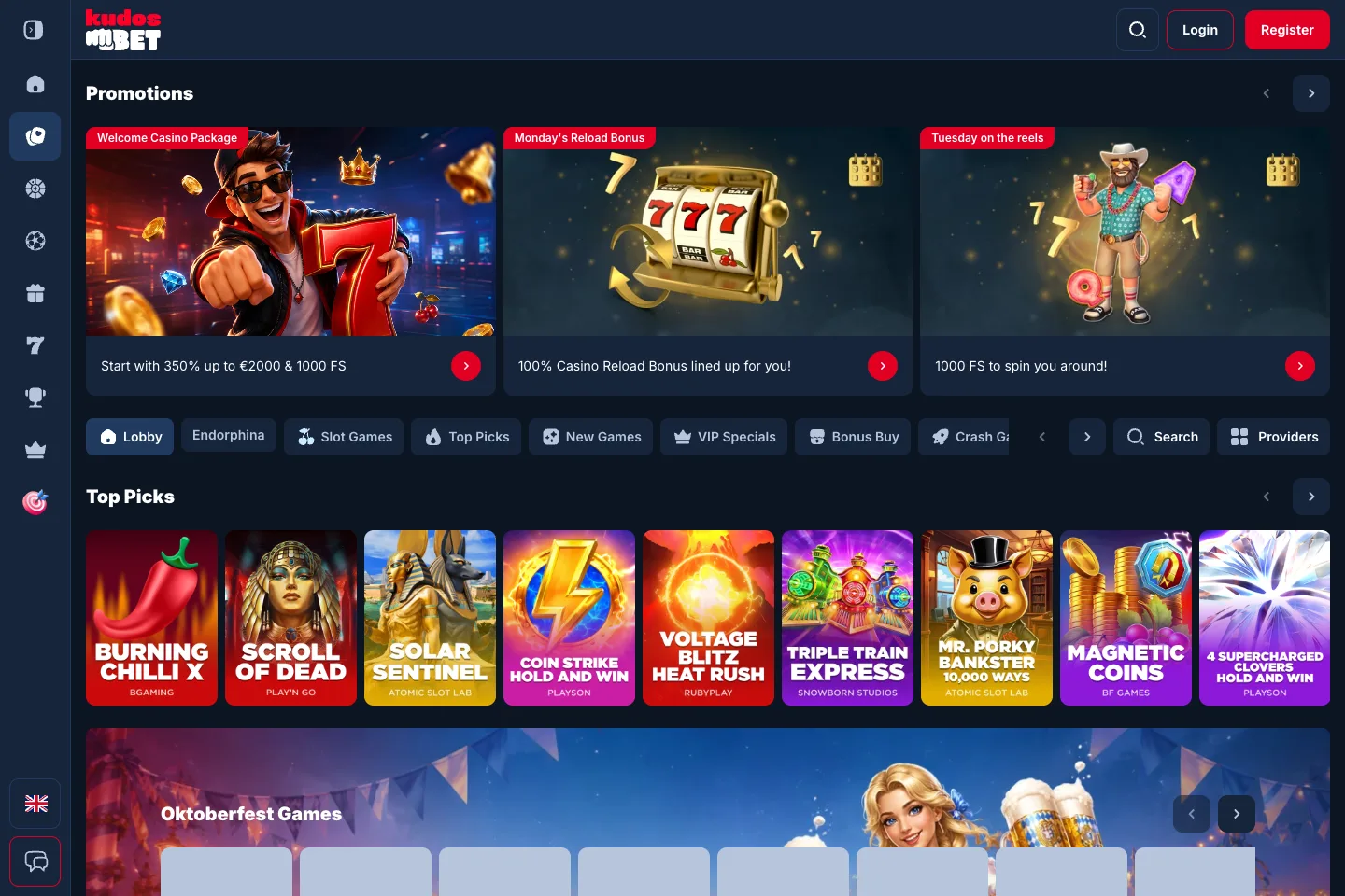 KudosBet casino lobby captured from the public website