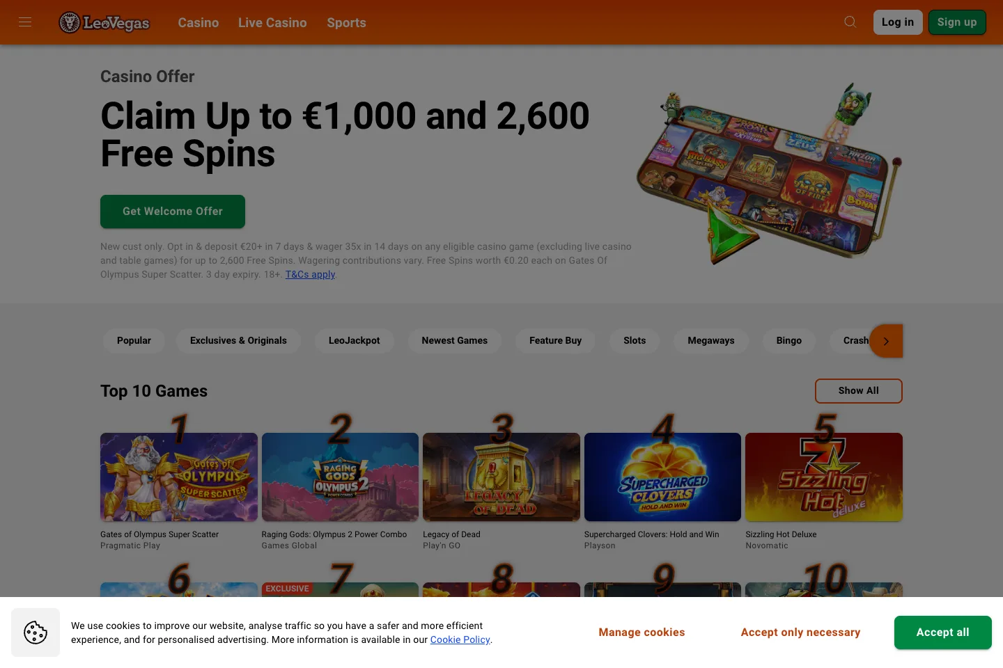 LeoVegas homepage captured from the public website