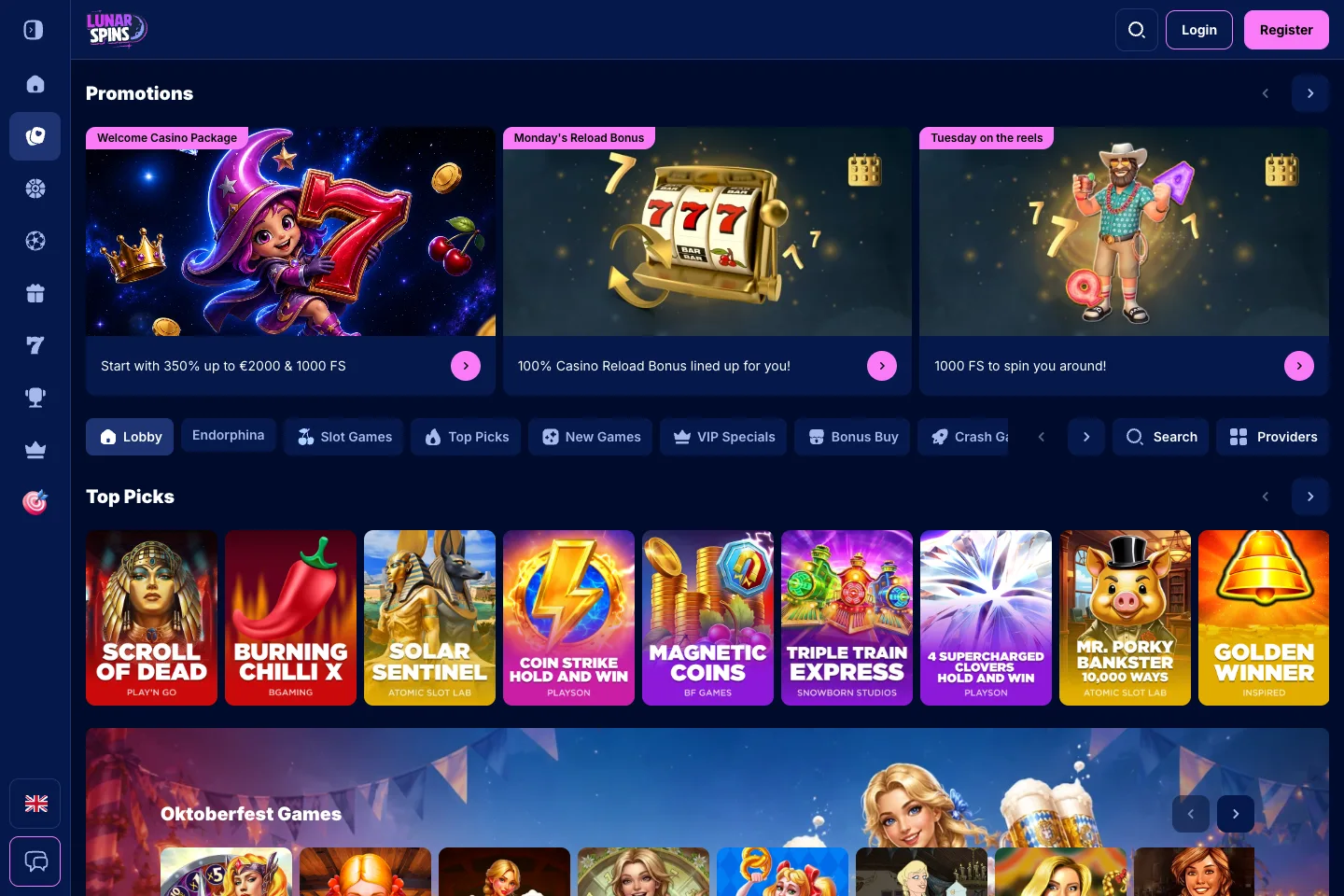 Lunar Spins casino lobby captured from the public website