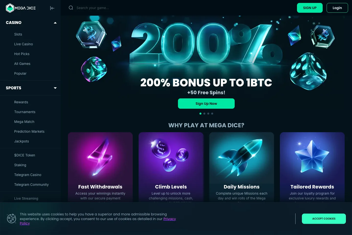 Mega Dice homepage captured from the public website