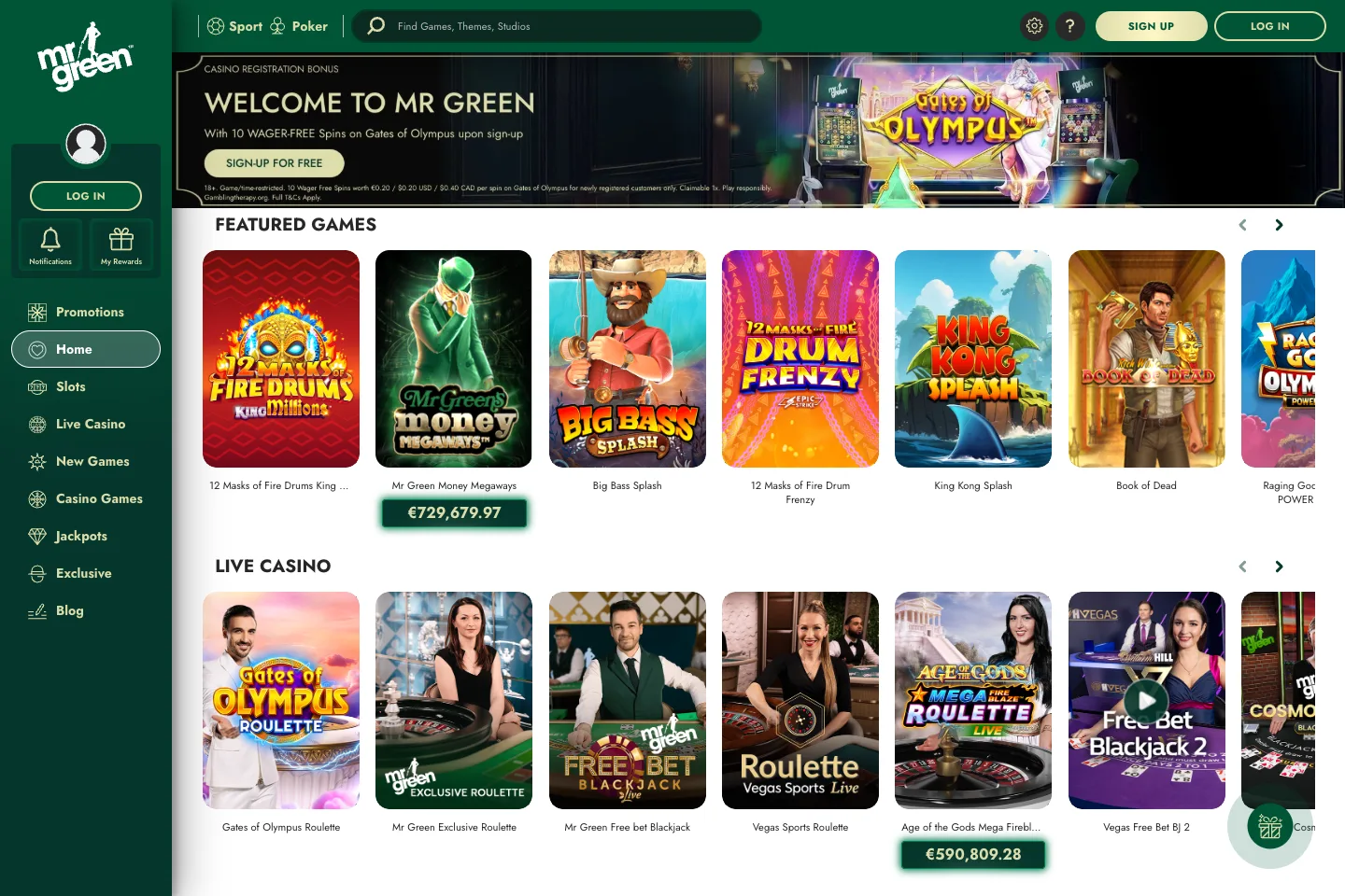 Mr Green homepage captured from the public website