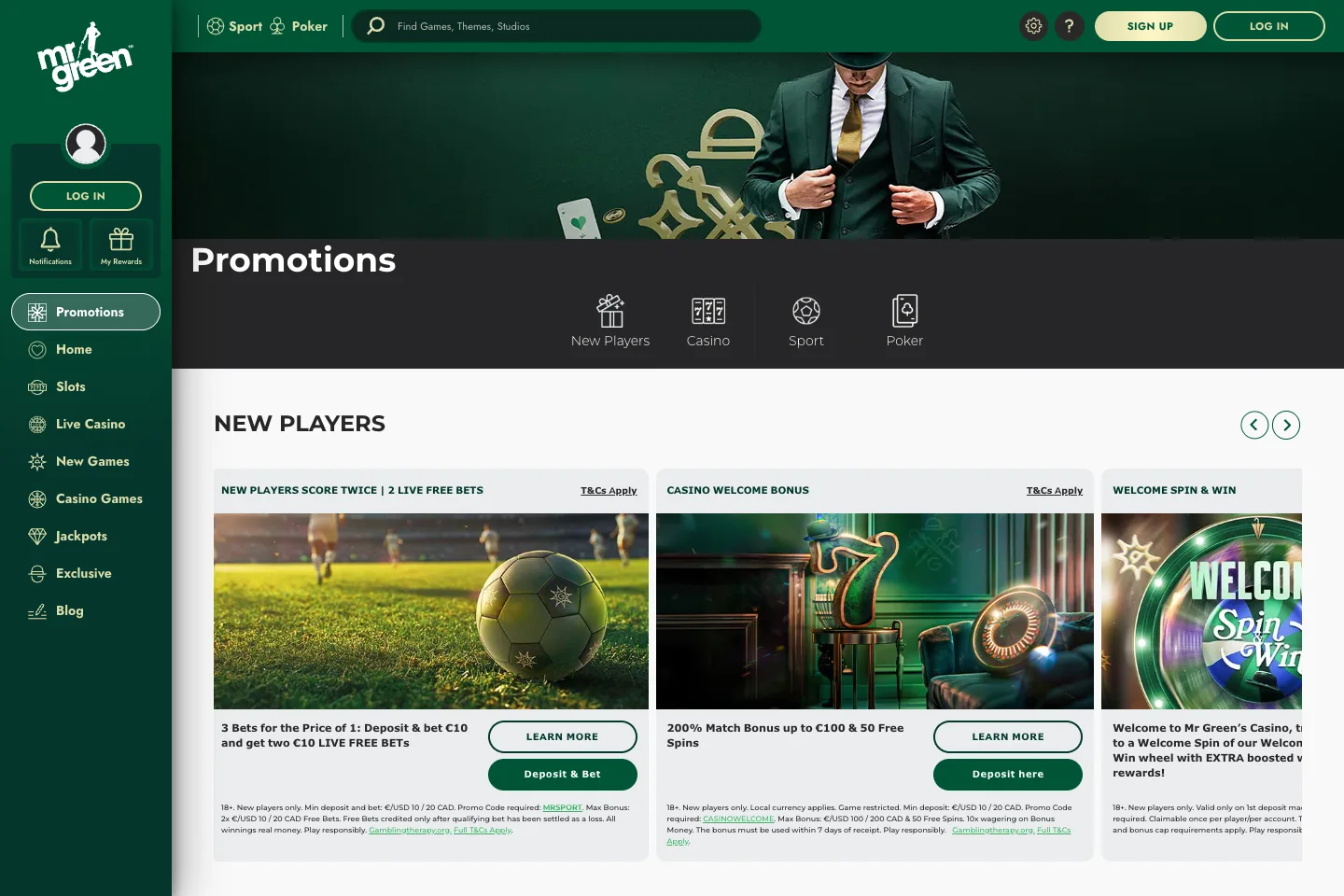 Mr Green bonuses and promotions captured from the public website