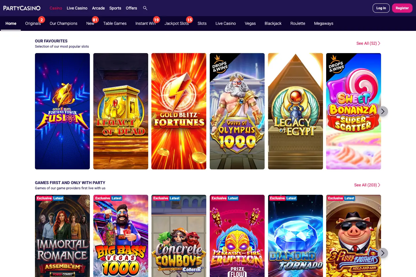 partycasino homepage showing popular slots and casino game categories