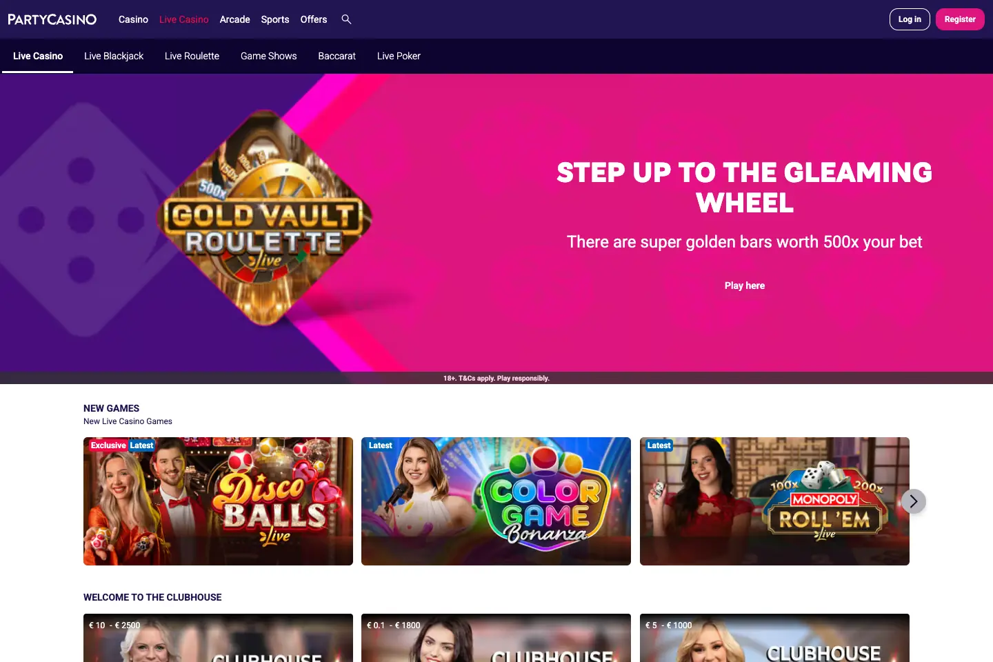 partycasino live casino page showing roulette, blackjack and live game tables